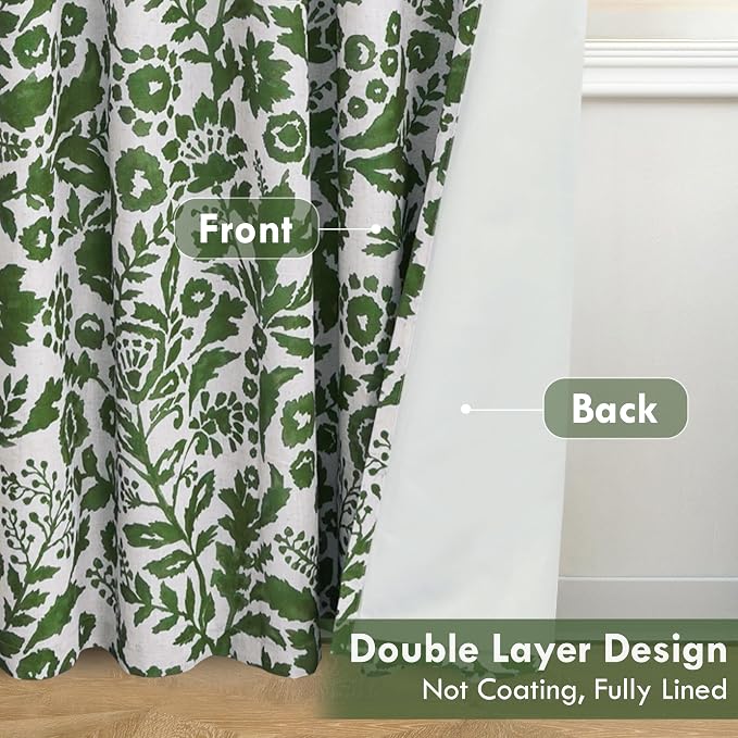 DriftAway Julia 100% Blackout Curtains Grommet 2 Panels, W52xL84, Green | Floral Curtains, Bedroom, Living Room, Linen Blend, Watercolor Pattern, 2 Layers, Thermal Insulated, Window Treatment