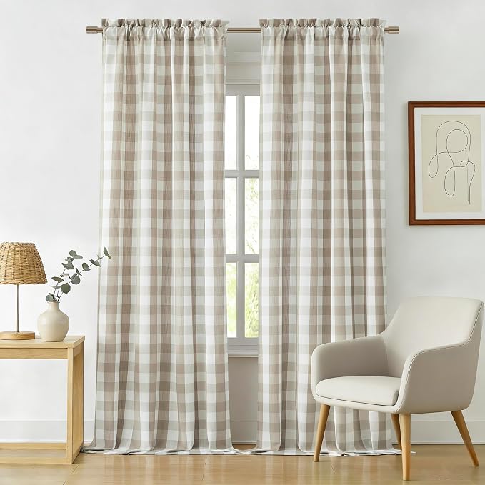 90 Inch Beige White Plaid Semi Sheer Rustic Curtains | Extra Long Textured Drapes for Bedroom Living Room, Neutral Farmhouse Light Filtering Drapery,Rod Pocket,52"Wx90"L(Pack of 2)
