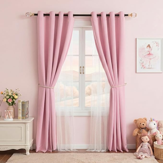 MYSKY HOME Light Pink Blackout Curtains for Girls Bedroom with Polka Dots Sheer Overlay Baby Pink Nursery Kids Room Drapes, Grommet Tops, 52" x 95", 2 Panels