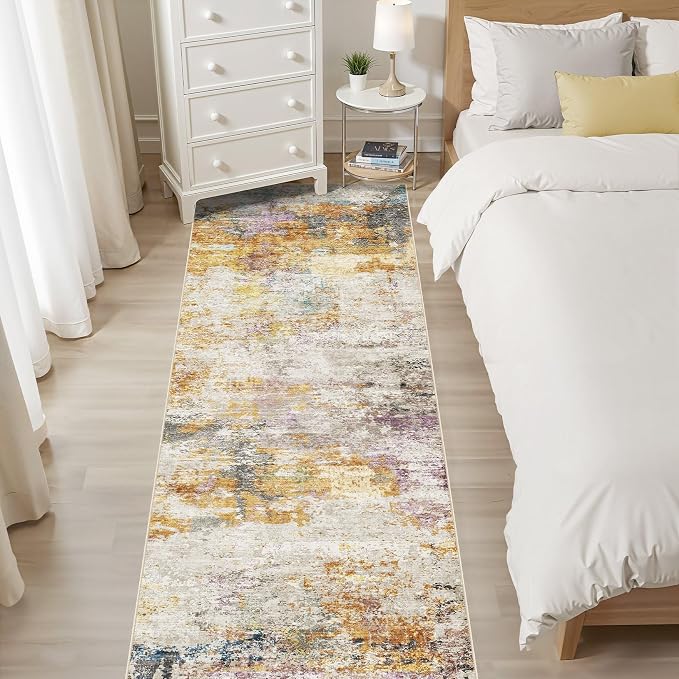Runner Rug Kitchen Washable Rugs: 2x10 Non-Slip Abstract Soft Modern Stain Resistant Indoor Floor Neutral Accent Throw Carpet for Hallway Bathroom Laundry Room Entryway Bedroom- Gold Colorful