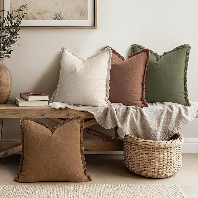 MIULEE Fall Linen Fringe Pillow Covers Set of 4 20x20 Beige/Brown/Green | Boho Farmhouse Decorative Throw Pillow Covers, Neutral Soft Rustic Cushion Cases, for Couch Sofa Bed Living Room Home Decor