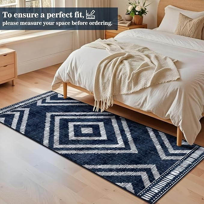 Boho Runner Rugs for Hallway 2x6ft Non Slip, Navy Blue Washable Kitchen Rug Runner, Soft Moroccan Low Pile Geometric Farmhouse Laundry Floor Carpet for Entryway Bedroom Bathroom