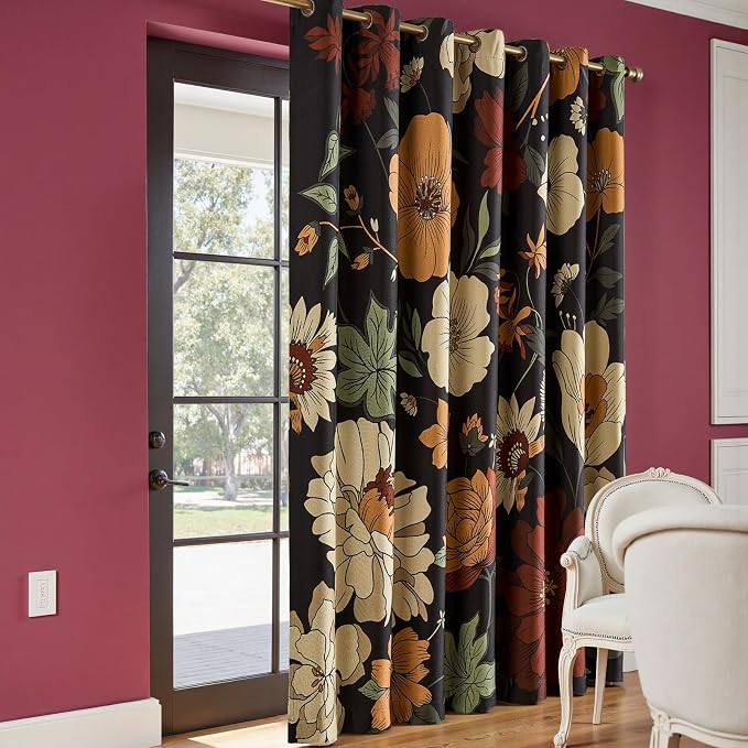 jinchan Black Boho Floral Blackout Curtains W100xL96 Grommet 1 Panel | Room darkening, Vintage, living room, bedroom, privacy, floral print, flower pattern, fall decor, window treatments