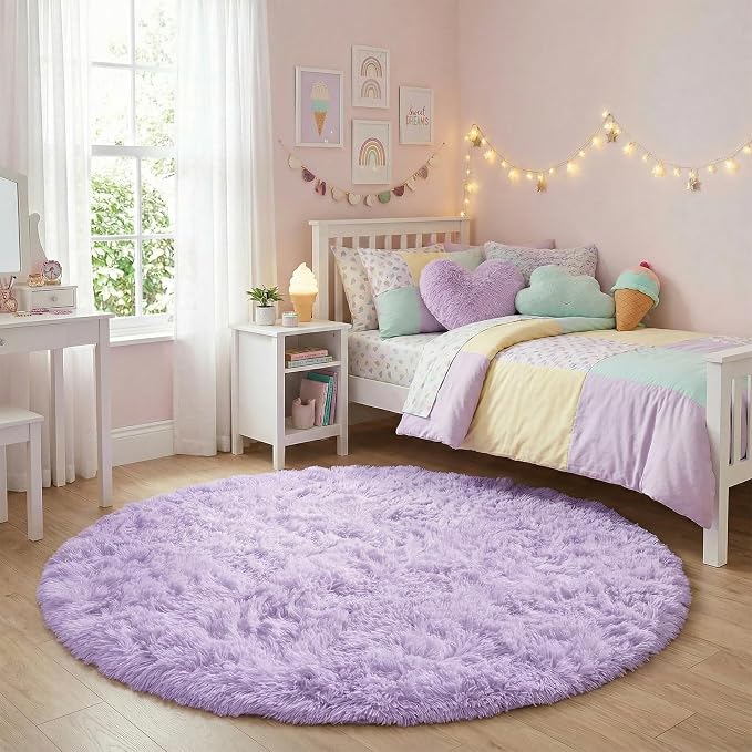 Amdrebio Light Purple Large Round Rugs 6Ft for Girls Bedroom, Fluffy Fuzzy Circle Area Rug for Kids Room Decor Aesthetic, Soft Cute Furry Plush Shag Lavender Carpet for Classroom, Baby Nursery, Dorm
