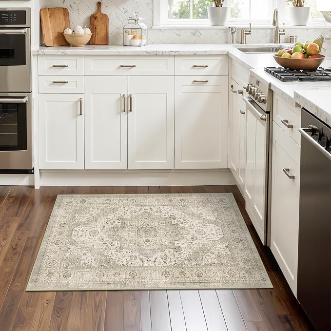 Roxstand 2x3 Washable Entryway Area Rug, Ivory/Beige | Low-Pile Carpet, Non-slip Backing, Stain Resistant, Rug for Kitchen, Laundry Room, Entryway, Vintage Design