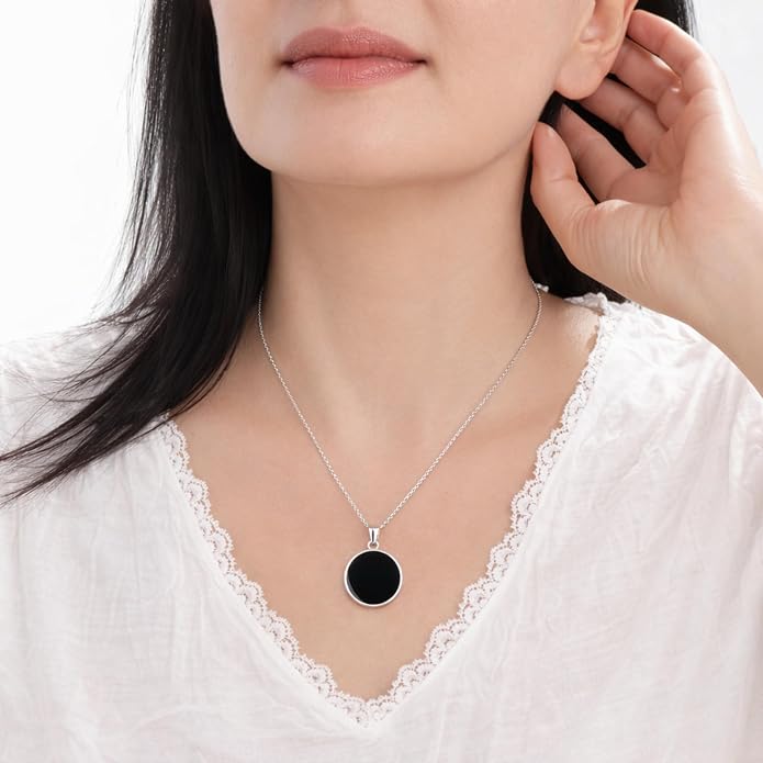 Sterling Silver 925 Black Onyx Flat Round Handmade Pendant Necklace for Women & Men - Unisex