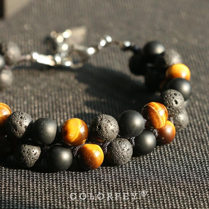 Triple Protection Bracelet for Men Women, Authentic Mens Bracelet Genuine Tiger Eye Black Onyx Lava Rock Crystal Bracelets, 8”Adjustable Beaded Bracelet for Men Grounding and Confidence