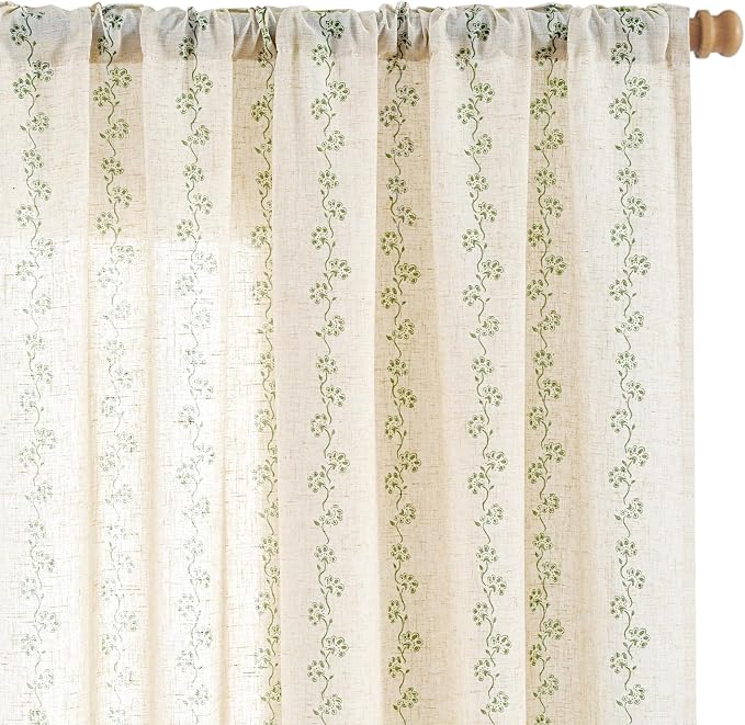 Lazzzy Cathy Linen Floral Curtains 63 inch Length for Kitchen Cute Privacy Curtains for Kids Room Rod Pocket Back Tab Light Filtering Drapes Farmhouse Cottage Core Decor 50"x63" Sage Green on Linen