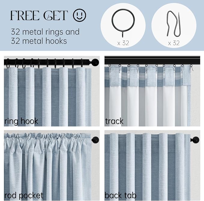 Topfinel Blue Blackout Bedroom Curtains 108 Inches Long 2 Panels for Kids Baby 100% Black Out Thick Linen Back Tab Pleated Drapes Coastal Light Dusty Sky Blue 108 Inch Curtain for Dining Living Room