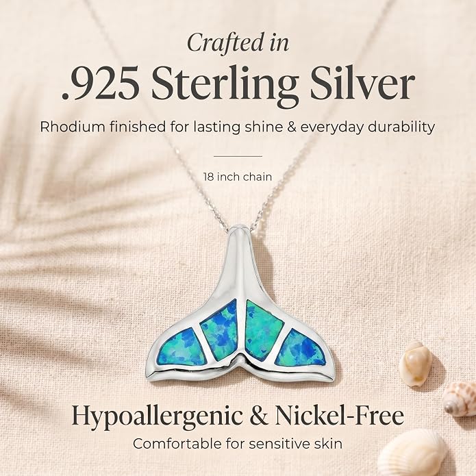 Created Blue Opal Ocean Necklace for Women, 925 Sterling Silver Pendant, 18 Inch Chain, Beach and Sea Life Jewelry Collection