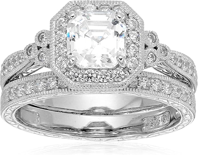 Amazon Essentials Platinum or Gold Plated Sterling Silver Antique Ring set with Asscher-Cut Infinite Elements Cubic Zirconia