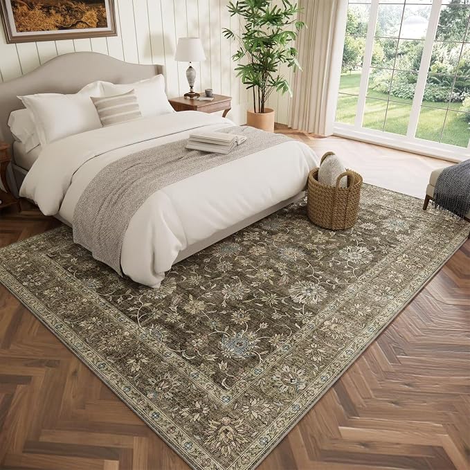 Boho Washable 6x9 Area Rugs for Living Room, Cushioned, Tan/Flaxen | Vintage Non-slip Neutral Oriental Rugs for Bedroom Dining Room Nursery Office High Traffic Area