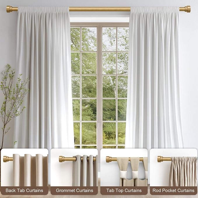 Lootkell Modern Gold Curtain Rods for Windows 66 to 120 Inches Adjustable Length Heavy Duty 1" Diameter Window Curtain Rod with Decorative Finials for Outdoor Bedroom Kitchen Living Room