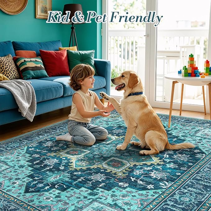 8x10 Turquoise Large Area Rugs for Living Room - Boho Teal Green Medallion Aesthetic Distressed Washable Rug, Soft Non-Slip Backing Low Pile Carpet for Dining Under Table, Bedroom, Office