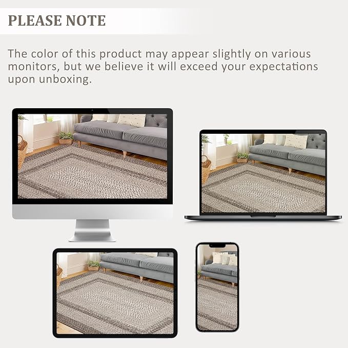 5x8 Oval Living Room Area Rug Washable Modern Border Bedroom Bedside Area Rugs Non Slip Low Pile Dining Room Oval Throw Carpet Contemporary Rugs for Living Room Kitchen Nursery, Mocha