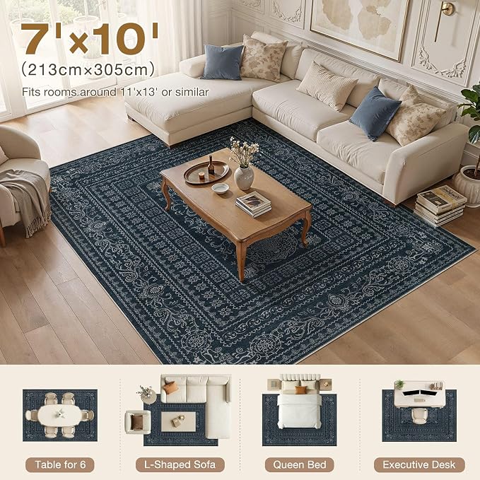 Nakagishi 7x10 Area Rugs Living Room: Washable Large Vintage Rug Neutral Non-Slip Soft Stain Resistant Indoor Carpet for Bedroom Nursery Dining Room Office Playroom - Navy