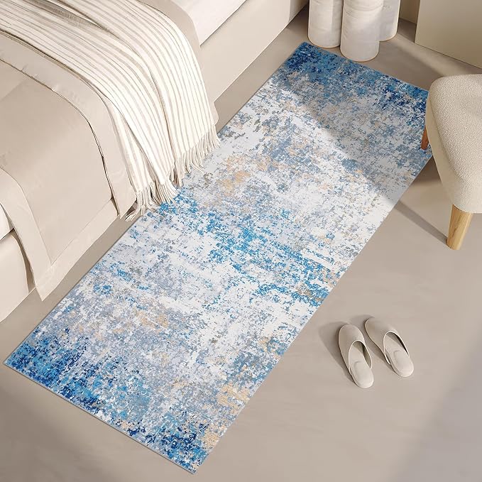 ROYHOME Modern Abstract 2x7 Runner Rug Washable Non Slip Stain Resistant Rug for Hallway Kitchen Bedroom Non Shedding Low Pile Indoor Floor Cover,Blue/Grey