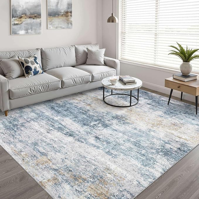 10x14 Area Rugs Living Room: Washable Large Neutral Rug Abstract Soft Modern Stain Resistant Indoor Floor Non-Slip Carpet for Bedroom Nursery Kids Office Playroom Dining Room Under Table- Blue Gold