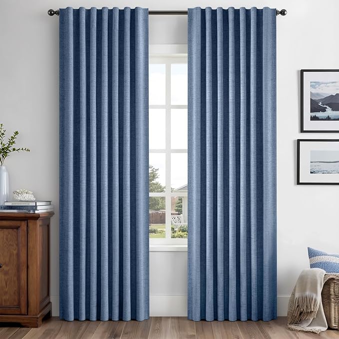 MIULEE 100% Blackout Linen Curtains for Bedroom 42 x 84 Inch Blue 2 Panels | Thermal Insulated, Room Darkening Drapes for Living Room, Back Tab Rod Pocket Pinch Pleated, Solid Luxury Decor