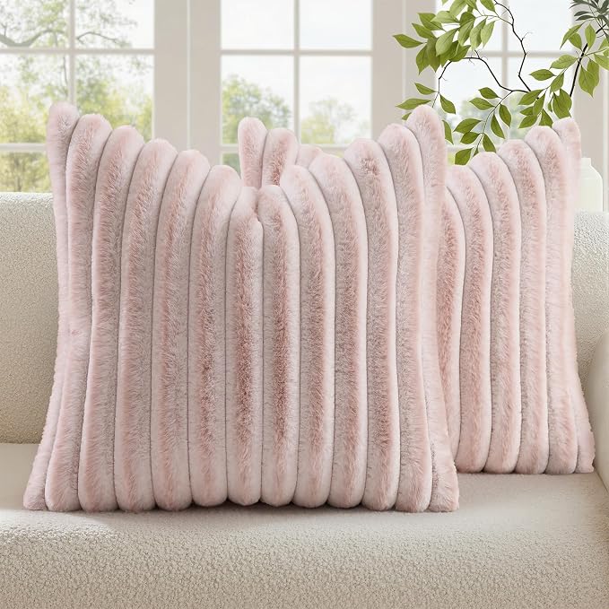 decorUhome Fall Faux Fur Throw Pillow Covers 22x22 Set of 2 Pink White | Decorative Soft Cozy Striped Plush Modern Farmhouse Boho Couch Pillow Cases Velvet Back for Sofa Bed Living Room Home Decor