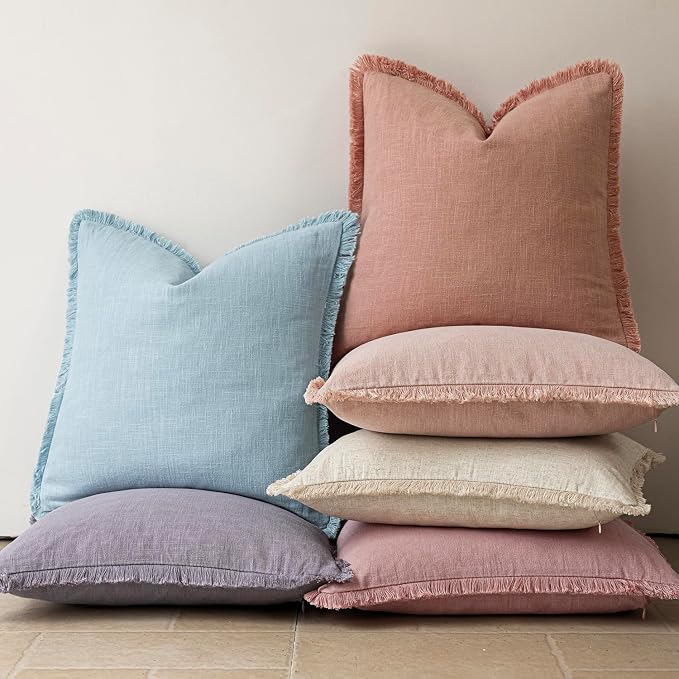 Foindtower Set of 2 Decorative Linen Fringe Throw Pillow Covers Cozy Boho Farmhouse Cushion Cover with Tassels Soft Accent Pillowcase for Couch Sofa Bed Living Room Home Decor,22×22 Inch,Coral Pink