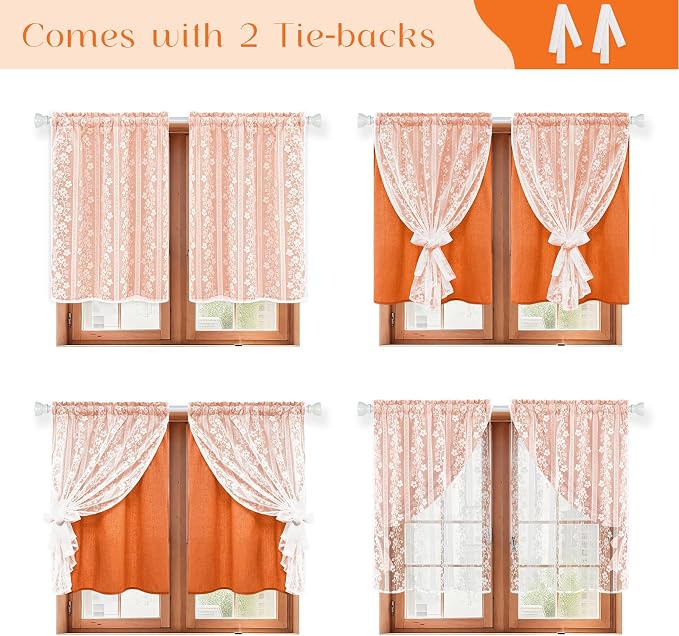 ASPMIZ Linen Kitchen Curtains Double Layers Window Curtain with Linen Lace, Farmhouse Cafe Curtain 36 Inch Length Rod Pocket, Light Filtering Bathroom Tier Curtains with 2 Tiebacks, Orange