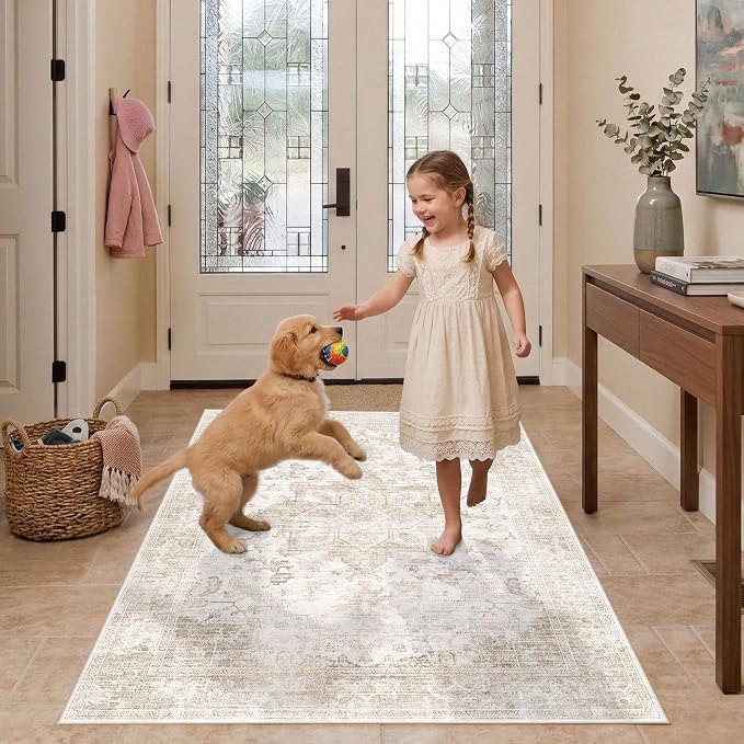 Rugxara 3x5 Washable Entryway Rug, Non Slip Boho Runner Rugs for Hallway, Entrance, Kitchen, Bathroom, Laundry Room, Soft Entryway Carpet, Throw Low Pile Retro Imitation Wool Carpet, Beige