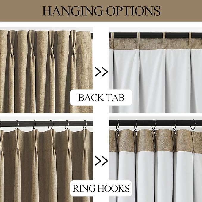 Vision Home Brown Pinch Pleated Full Blackout Curtains Linen Blended 60 inch Wide Thermal Insulated Window Panels for Bedroom Living Room Darkening Pinch Pleat Drapes with Hooks Back Tab 60" Wx72 Lx1