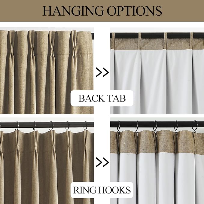 Vision Home Brown Pinch Pleated Full Blackout Curtains Linen Blended 60 inch Wide Thermal Insulated Window Panels for Bedroom Living Room Darkening Pinch Pleat Drapes with Hooks Back Tab 60" Wx63 Lx1