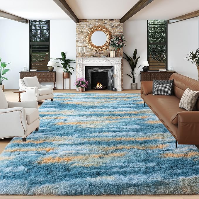 Dssimo Blue and Yellow Rugs for Living Room Bedroom, 9x12 Shaggy Area Rug | Large Plush Furry Upgrade Non-Slip Abstract Rug for Nursery Kids Room Dorm Room Home Decor, Modern Indoor Floor Carpet