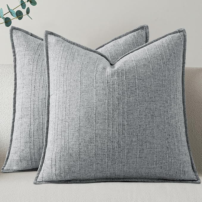 a moment Linen Pillow Covers Set of 2,Boho Farmhouse Throw Pillowcases Neutral Textured Decorative Covers for Couch Sofa,Soft Linen Blend Accent Case Cushion Living Room Home Decor 20"x20"Sky Gray