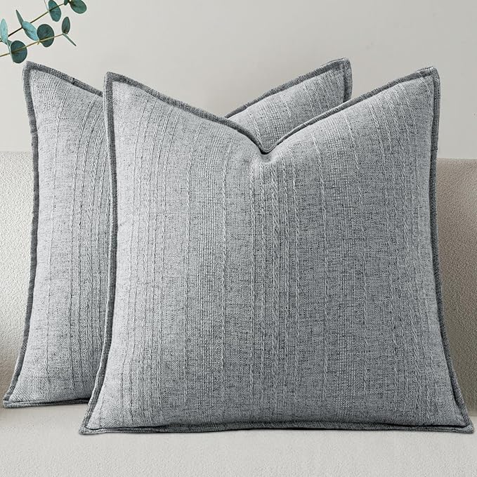 a moment Linen Pillow Covers Set of 2,Boho Farmhouse Throw Pillowcases Neutral Textured Decorative Covers for Couch Sofa,Soft Linen Blend Accent Case Cushion Living Room Home Decor 18"x18"Sky Gray