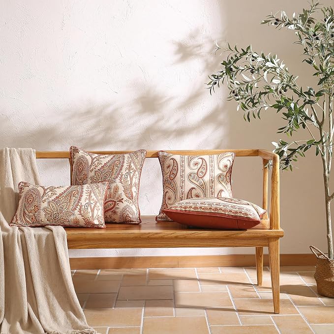 ISAENNE Vintage Linen Throw Pillow Cover,Set of 2,18"x18"-Chauffrey B | Designer Elegant Square Pillow Cover,Concealed Zipper Design,Cashew Pattern,Sofa,Bedroom,Living Room,Lounge Chairs