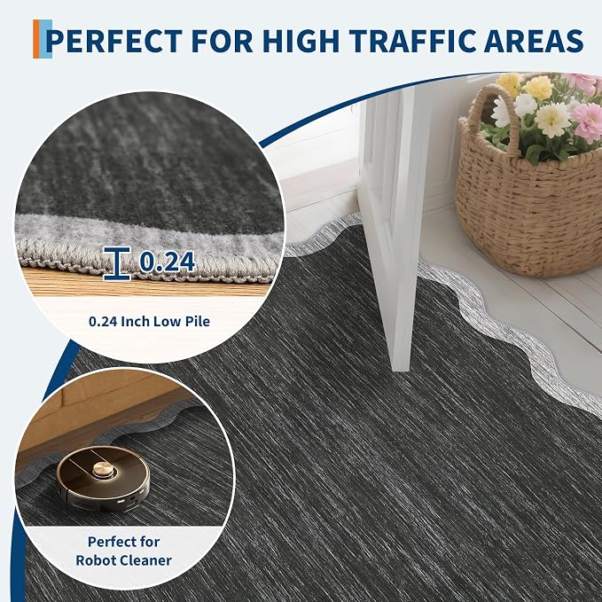 GarveeHome Scalloped Washable Area Rug 8x10 Rug for Living Room Modern Rug Non Slip Throw Rugs Large Rugs for Bedroom Low Pile Non Shedding Stain Resistant Carpet for Dining Room 8 ft x10 ft Black