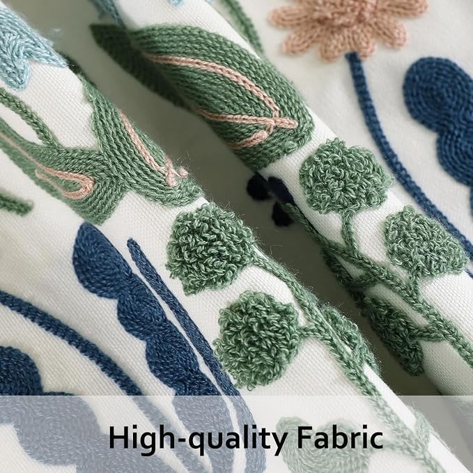Embroidered Throw Pillow Covers 20x20 Pack of 2 Green and Navy Blue Leaves with Birds Pillow Covers Floral Tufted Pillowcases Summer Decorative Coastal Pillow Cushion Cases