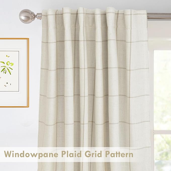 DriftAway 100% Blackout Plaid Linen Curtains 102 Inches Long 2 Panels Taupe | 100% Blackout, Linen Texture, Plaid Pattern, Two Layers, Rod Pocket & Back Tab, Bedroom Living Room Use, Luxury Appearance