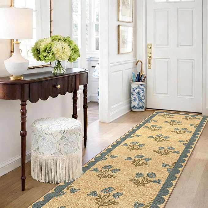 Non Slip Washable Kitchen Runner Rug - 2x8 Long Blue Hallway Runner Rugs Soft Boho Runners for Hallways Jute-Look Floral Scalloped Runner Rug for Bedroom Entryway Mudroom Bathroom Foyer