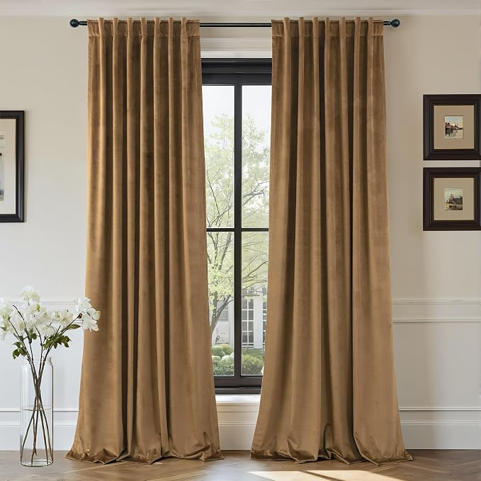 Gold Brown Velvet Curtains 96 Inches Long for Bedroom 2 Panel Back Tab Rod Pocket Vintage Heavy Thick Thermal Insulated Light Reducing Floor to Ceiling Drape for Living Room 8FT Length Noise Reducing