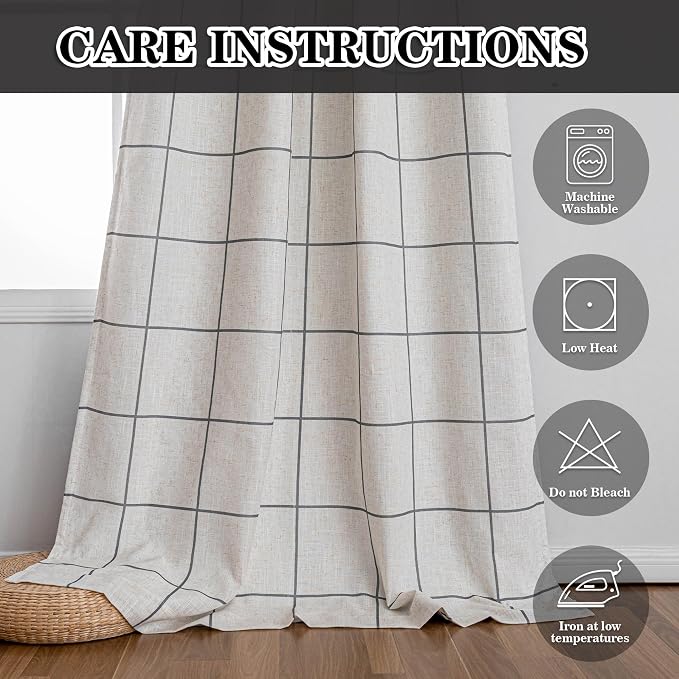 MYSKY HOME 100% Blackout Grey Plaid Farmhouse Linen Curtains 84 Inch Long 2 Panels Set Double Layer Checkered Drapes Thermal Insulated Privacy Protection Living Room Back Tab, 52" W, Deep Grey