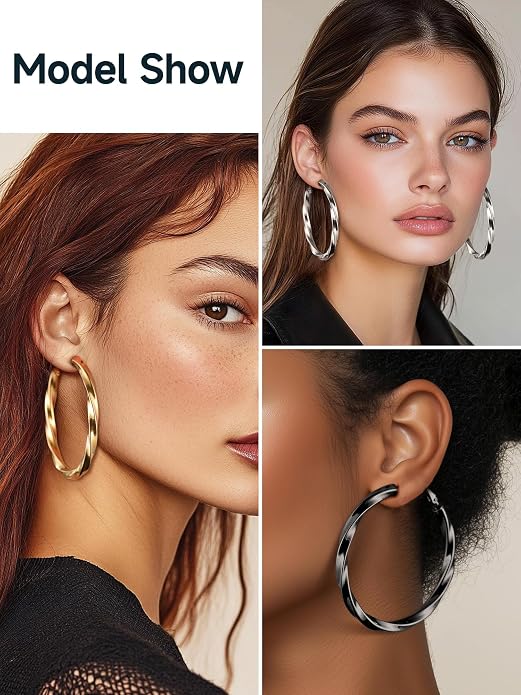 Stainless Steel Chunky Hoop Earrings For Women, Minimalist and Chic, Black/Gold Plated, Round Hoops Earrings Hypoallergenic, Size: 30mm/40mm/60mm/80mm, Come with Box