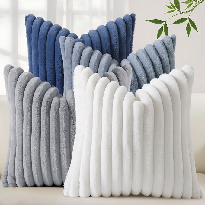 decorUhome Fall Faux Fur Throw Pillow Covers 18x18 Set of 4 Blue/Grey | Decorative Modern Farmhouse Soft Cozy Striped Pillow Cases Velvet Back for Sofa Bed Living Room Classic Accent Home Decor
