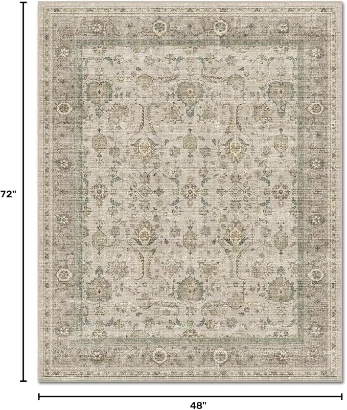 Washable 4x6 Rugs, Boho Vintage Non-Slip Distress Rugs, Flaxen/Tan | 0.3" Neutral Throw Rugs for Bedroom Kitchen Nursery Living Room, Cushioned Area Rug for High-traffic