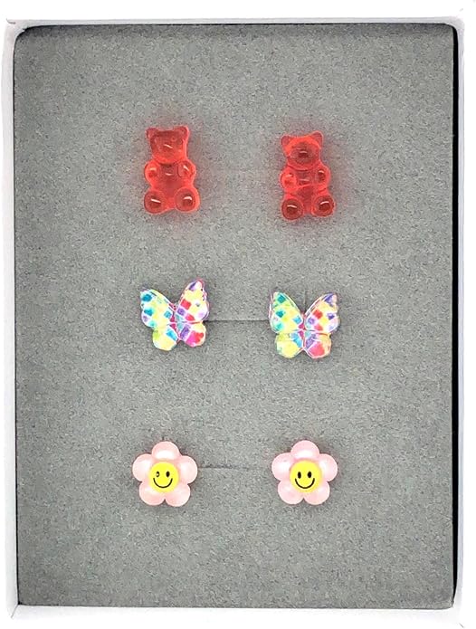 Metal Free Plastic Post Earrings Gift Set Gummy Bear, Butterfly, Flower (Red)