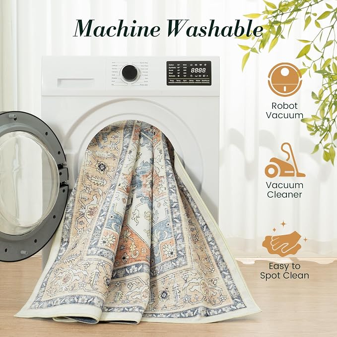 5x7 Bedroom Rug - Boho Aesthetic Floral Beige and Orange, Washable Low Pile Non-Slip Carpet, Stain Resistant Area Rugs for Under Bed, Large Entryway, Kitchen, Playroom, Bed Room, Living Room