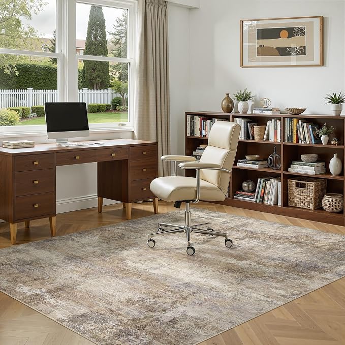7x9 Area Rug, Non Slip Low Pile Washable Large Rug for Living Room | Modern Abstract Carpet, Stain Resistant Kid & Pet Friendly, Made for Dining Room, Nursery, Home Office Indoor - Dark Brown