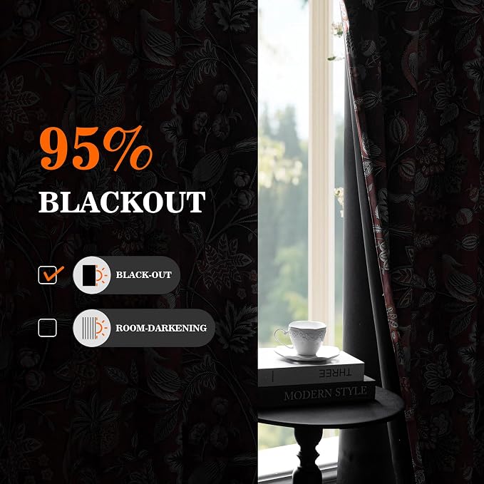 MYSKY HOME Terracotta Boho Floral Blackout Curtains 84 inch Long for Living Room Darkening Thermal Insulated Vintage Farmhouse Bedroom Curtain with Flower Bird Patterned Grommet Drape, 2 Pcs, 52"x 84"