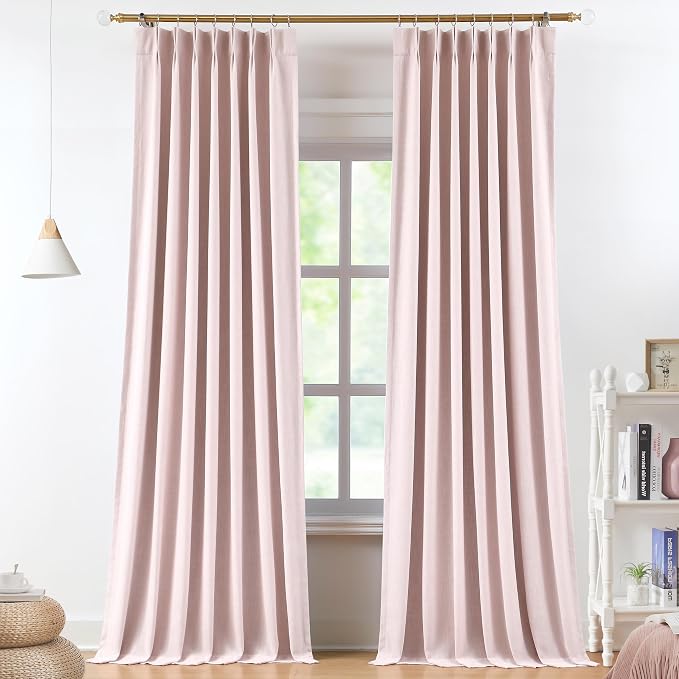 Vision Home Soft Pink Pinch Pleated Full Blackout Curtains Linen Blended Room Darkening Curtain Panels 90 inch for Living Room Bedroom Thermal Insulated Pinch Pleat Drapes with Hooks 40" Wx90 Lx2