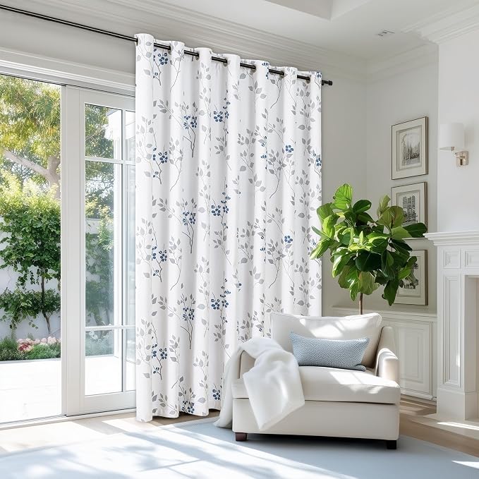 Beauoop Floral 100% Blackout Sliding Door Curtains Blue Grey 100x84 1 Set | Flower Patterned Blue White Room Darkening Patio Curtains Extra Wide Room Divider Drapes Thermal Window treatment Grommet