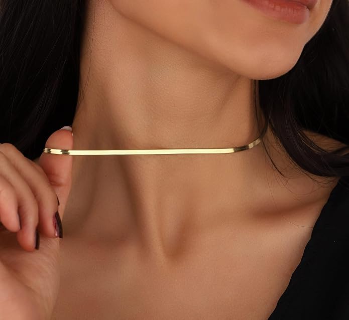 NECOCY 14K Gold Plated Necklaces for Women, Dainty Gold Herringbone Choker Necklace Thin Layered Snake Chain Jewelry for Gifts