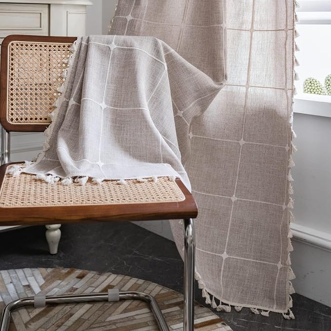 ColorBird Farmhouse Semi-Blackout Window Curtains 2 Panels Embroidery Lattice Cotton Linen Darkening Curtains with Tassel Rod Pocket Window Drapes for Dining Living Bedroom (52" W x 84" L, Linen)